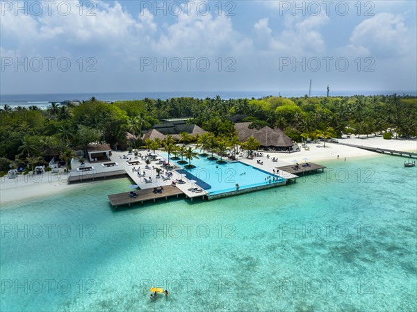 Aerial View, Paradise Island with Water Bungalows, Indian Ocean, Lankanfushi, North Male Atoll, Maldives, Asia