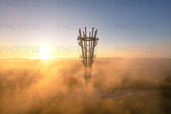 Sunrise in autumn fog, Schoenbuchturm, Herrenberg, Germany, Europe