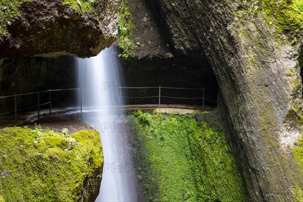 Levada do Moinho, Waterfall in a gorge, Ponta do Sol, Madeira, Portugal, Europe