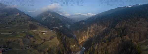 Salginatobel Bridge, educational object 1930s reinforced concrete bridge, engineering milestone ASCE, UNESCO World Heritage waiting list, drone image, Schiers Schuders, Praettigau, Graubuenden, Switzerland, Europe