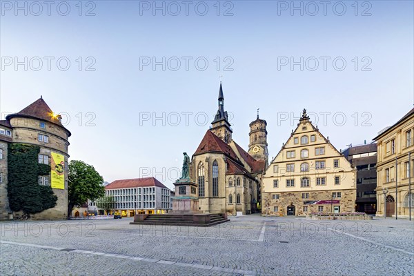 Schillerplatz, deserted, from left Old Palace, King of England House, Schiller Monument, Collegiate Church, Fruchtkasten, Prinzenbau, Stuttgart, Baden-Wuerttemberg, Germany, Europe