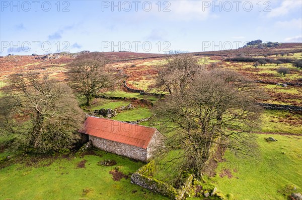 View over Emsworthy Mire from a drone, Haytor Rocks, Dartmoor National Park, Devon, England, UK