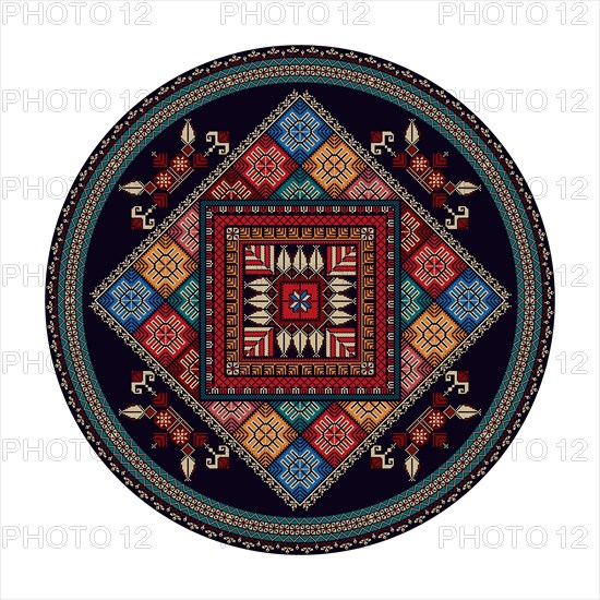 Decorative round Palestinian Tatreez design element over white background, vector illustration