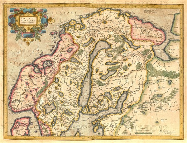Atlas, map from 1623, Scandinavia, Sweden, Norway, Finland, digitally restored reproduction from an engraving by Gerhard Mercator, born as Gheert Cremer, 5 March 1512, 2 December 1594, geographer and cartographer, Europe