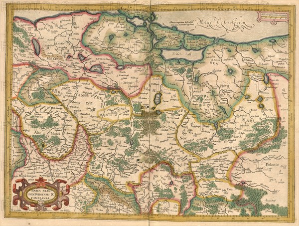 Atlas, map from 1623, Mark Brandenburg, Pomerania, Germany, digitally restored reproduction from an engraving by Gerhard Mercator, born as Gheert Cremer, 5 March 1512, 2 December 1594, geographer and cartographer, Europe