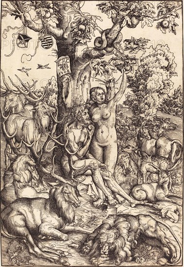 Adam and Eve in Paradise, painting by Lucas Cranach the Elder, 4 October 1472, 16 October 1553, one of the most important German painters, graphic artists and book printers of the Renaissance, Historical, digitally restored reproduction of a historical original