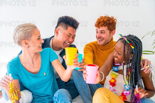 Lgtb couples of gay boys and girls lesbian in a portrait on a sofa at a house party, birthday party, having fun