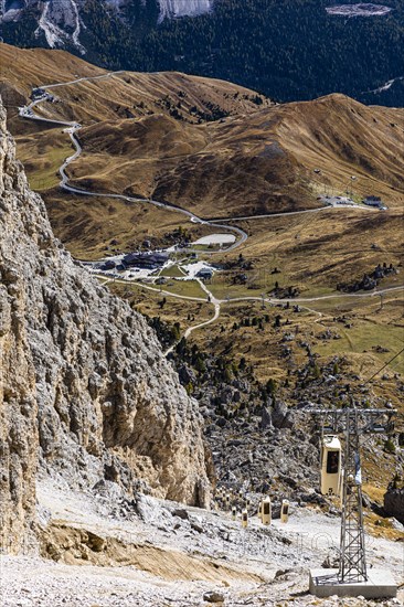 Gondola from the Sella Pass to the Sassolungo Pass, behind the Sella Pass and the Sella Pass road, Dolomites, South Tyrol, Italy, Europe