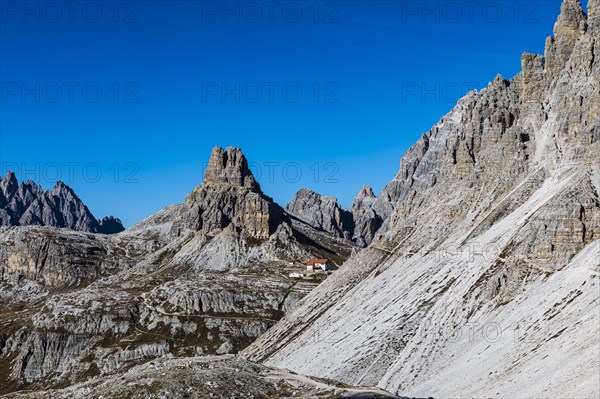 The peak Sextener Stein and the Three Peaks Hut, Dolomites, South Tyrol, Italy, Europe