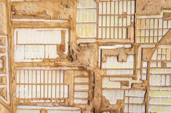 Aerial view of Salinas, salt ponds located on the south of Sal Island, Cape Verde, Africa