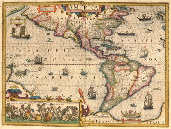 Atlas, map from 1623, America, Central America, South America, Pacific, digitally restored reproduction from an engraving by Gerhard Mercator, born as Gheert Cremer, 5 March 1512, 2 December 1594, geographer and cartographer
