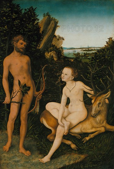 Apollo and Diana in the Forest, painting by Lucas Cranach the Elder, 4 October 1472, 16 October 1553, one of the most important German painters, graphic artists and letterpress printers of the Renaissance, Historical, digitally restored reproduction of a historical original