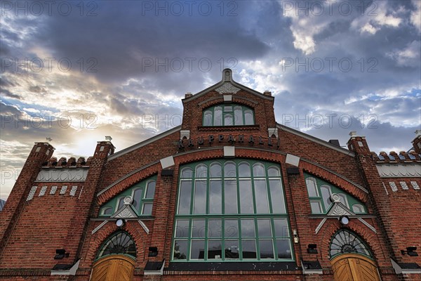 Kauppahalli Historic Market Hall, detail of the facade, city centre, Oulu, North Ostrobothnia, Finland, Europe