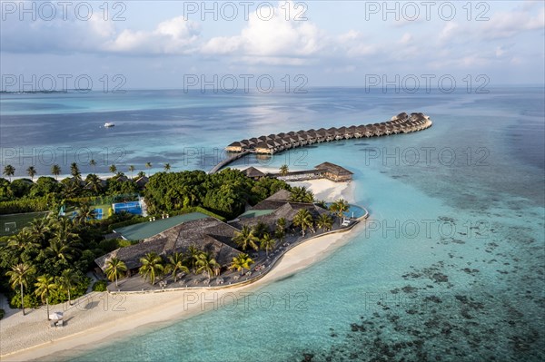 Aerial view, Hurawalhi Island resort with beaches and water bungalows, North Male Atoll, Maldives, Indian Ocean, Asia