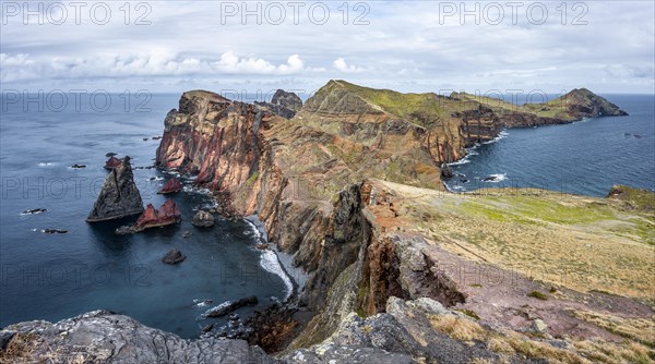 Coastal landscape, cliffs and sea, Miradouro da Ponta do Rosto, rugged coast with rock formations, Cape Ponta de Sao Lourenco, Madeira, Portugal, Europe