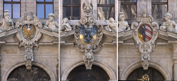 Coats of arms and figures on the three entrance portals of Wolfs Town Hall, built 1616 to1622, Nuremberg, Middle Franconia, Bayermn, Germany, Europe