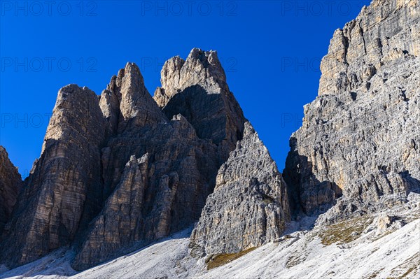 The western summit of the Three Peaks in the evening light, view from the south side, Dolomites, South Tyrol, Italy, Europe