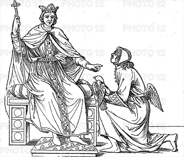 Frederick II, 26 December 1194, 13 December 1250, was an emperor of the Holy Roman Empire, shown here with his falconer, Historical, digitally restored reproduction from a 19th century original