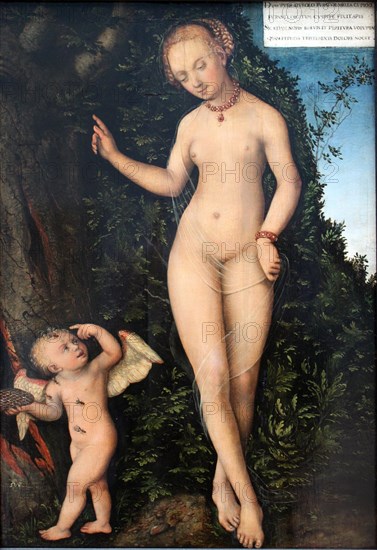 Venus with Cupid, the Honey Thief, painting by Lucas Cranach the Elder, 4 October 1472, 16 October 1553, one of the most important German painters, graphic artists and letterpress printers of the Renaissance, Historical, digitally restored reproduction of a historical original