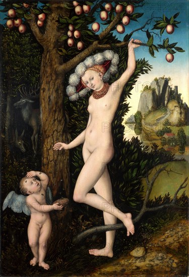 Armor complains to Venus, painting by Lucas Cranach the Elder, 4 October 1472, 16 October 1553, one of the most important German painters, graphic artists and letterpress printers of the Renaissance, Historical, digitally restored reproduction of a historical original