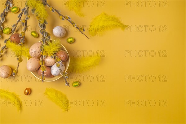 Palm catkin with Easter decoration, eggs, feathers, yellow background, copy room