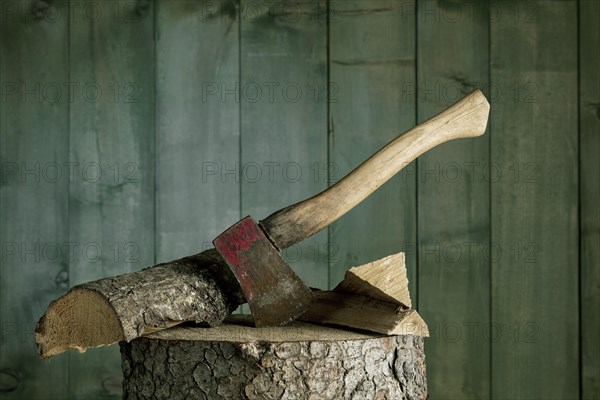 Axe on chopping block with log in front of green wooden wall, studio shot, Germany, Europe