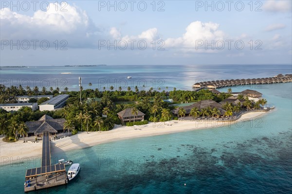 Aerial view, Hurawalhi Island resort with beaches and water bungalows, North Male Atoll, Maldives, Indian Ocean, Asia