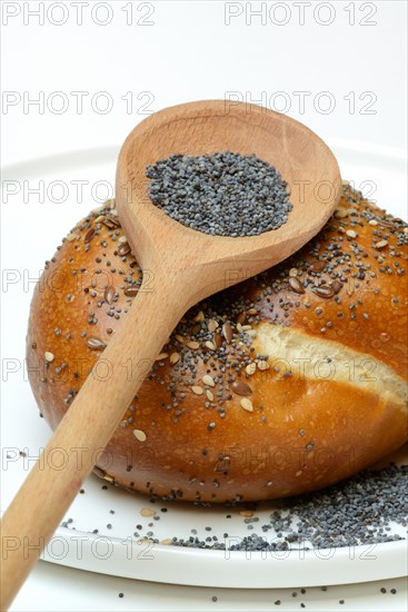 Buns with poppy seeds, linseeds and sesame seeds, pretzel roll with blue poppy seeds in cooking spoon