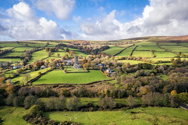 St Pancras Church in Widecombe in the Moor from a drone, Haytor Rocks, Dartmoor National Park, Devon, England, United Kingdom, Europe