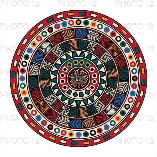 Decorative round tribal design element over white background, vector illustration