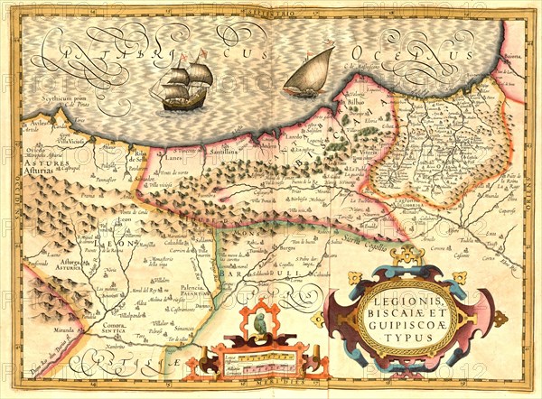 Atlas, map from 1623, Legionis Biscaiae et Guipiscoae, North of Spain, digitally restored reproduction from an engraving by Gerhard Mercator, born as Gheert Cremer, 5 March 1512, 2 December 1594, geographer and cartographer