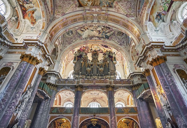Organ loft, Marienkirche in Fuerstenfeld Abbey, former Cistercian abbey in Fuerstenfeldbruck, Bavaria, Germany, Europe