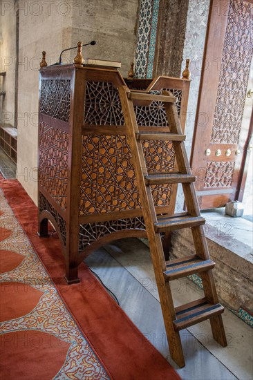 Wooden minbar, sermon pulpit of Ottoman times in mosque