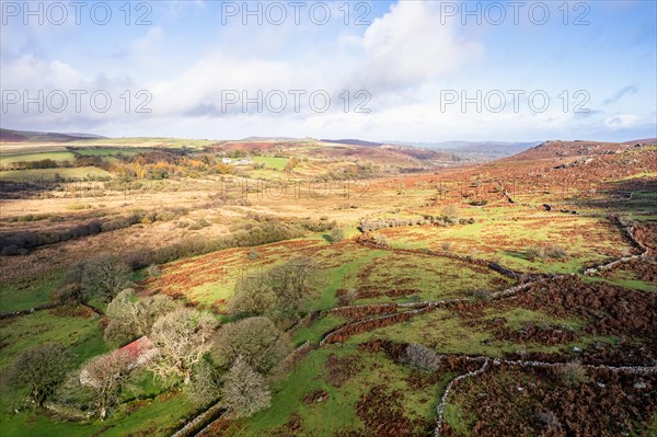 View over Emsworthy Mire from a drone, Haytor Rocks, Dartmoor National Park, Devon, England, UK