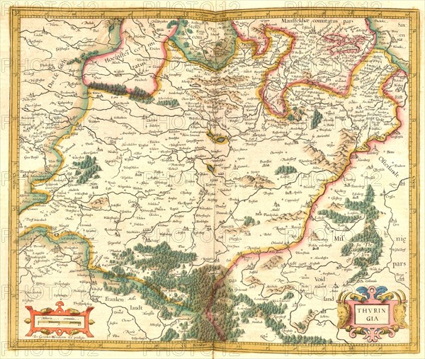 Atlas, map from 1623, Thuringia, Germany, digitally restored reproduction from an engraving by Gerhard Mercator, born as Gheert Cremer, 5 March 1512, 2 December 1594, geographer and cartographer, Europe