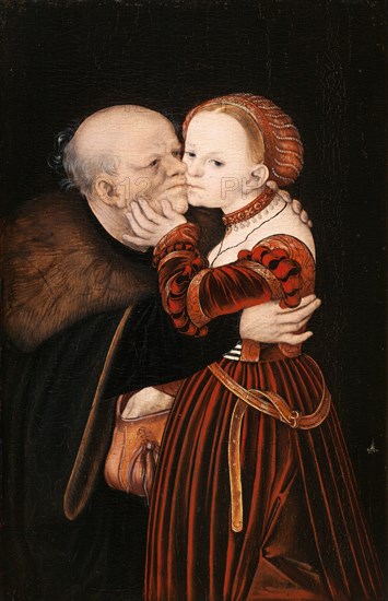 Unequal Couple, Old and Young, Old Man with Young Lover, Painting by Lucas Cranach the Elder, 4 October 1472, 16 October 1553, one of the most important German painters, graphic artists and letterpress printers of the Renaissance, Historical, digitally restored reproduction of a historical original