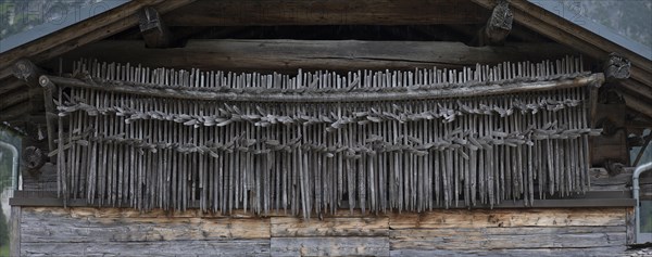 Huinzen, hay rack on an old farmhouse, Riezlern in Kleinwalsertal, Austria, Europe