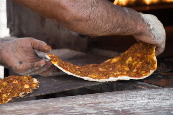 Lahmacun, Turkish pizza pancake with spicy meat filling