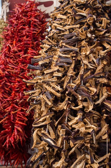 Dried peppers and aubergines and colourful spices in the Spice Market