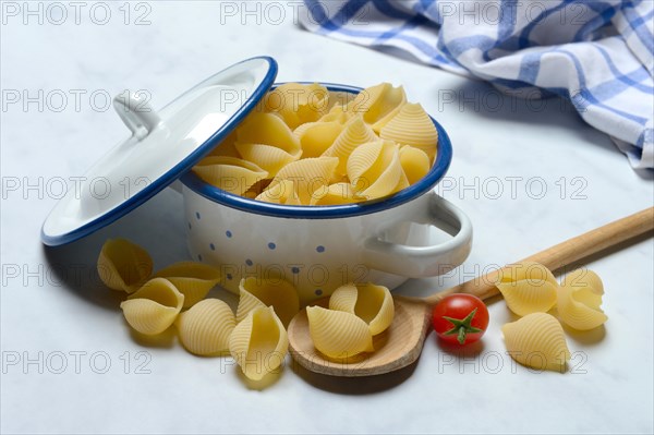 Conchiglie in pots, shell pasta, pasta