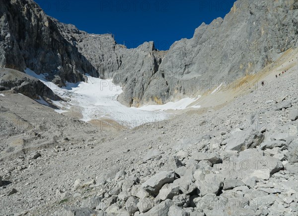 A small glacier crevice on the glacier in the Alps. Zugspitze massif in the bavarian alps, Dolomites, Italy, Europe