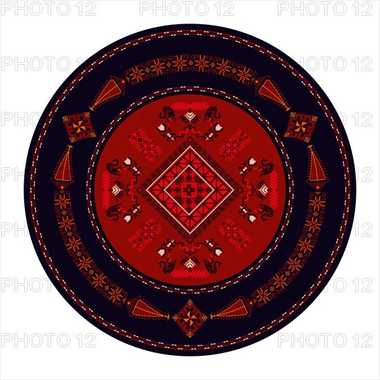 Decorative round Palestinian Tatreez design element over white background, vector illustration