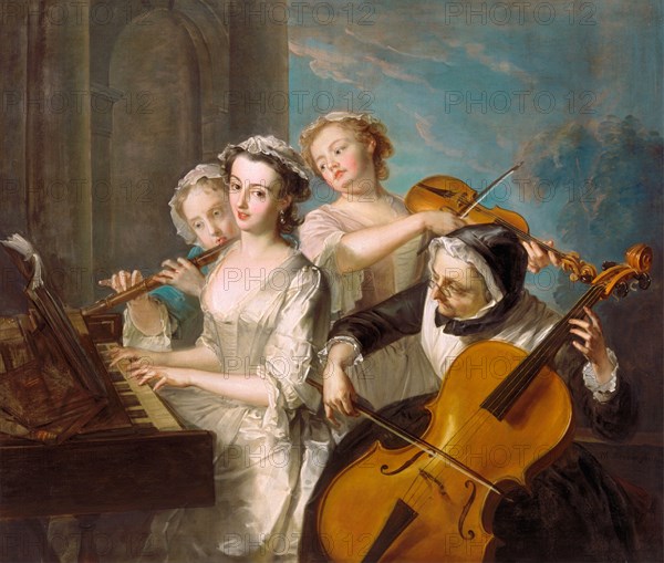 The Sense of Hearing, hearing, group of four woman with musical instruments, making music, painting by Philippe Mercier