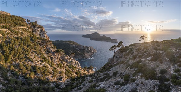 Rocky coast with an island, Sunset over the ocean, Mirador Jose Sastre, Sa Dragenora Island, Mallorca, Spain, Europe