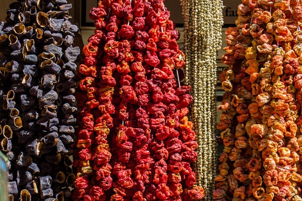 Dried peppers and aubergines and colourful spices in the Spice Market