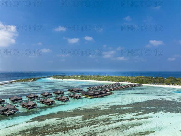 Aerial View, Paradise Island with Water Bungalows, Indian Ocean, Lankanfushi, North Male Atoll, Maldives, Asia