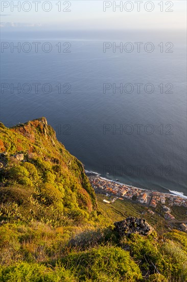 Steep cliff, Greetings landscape in front of sea and coast, Viewpoint Miradouro da Raposeira, Madeira, Portugal, Europe