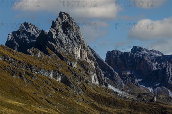 Geisler Group, with the Sas Rigais peak, above San Cristina, Val Gardena, Dolomites, South Tyrol, Italy, Europe