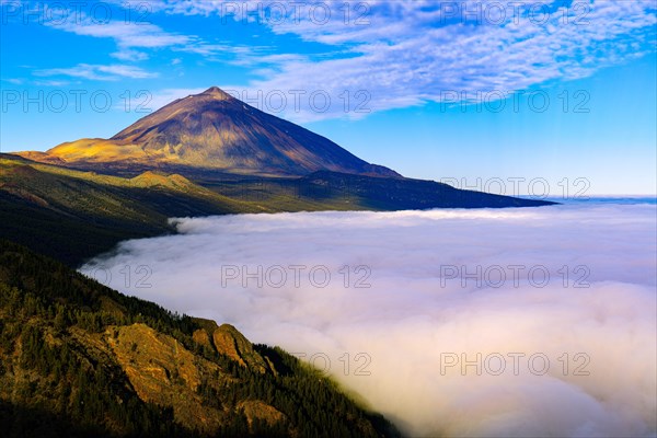 Pico del Teide at sunrise over trade wind clouds, Teide National Park, Tenerife, Canary Islands, Spain, Europe