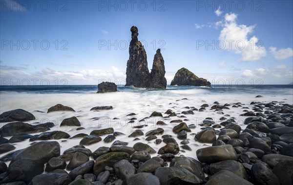 Long exposure, beach with volcanic rock, rock formation Ilheus da Rib and Ilheu da Ruama in the sea, Praia da Ribeira da Janela, Madeira, Portugal, Europe